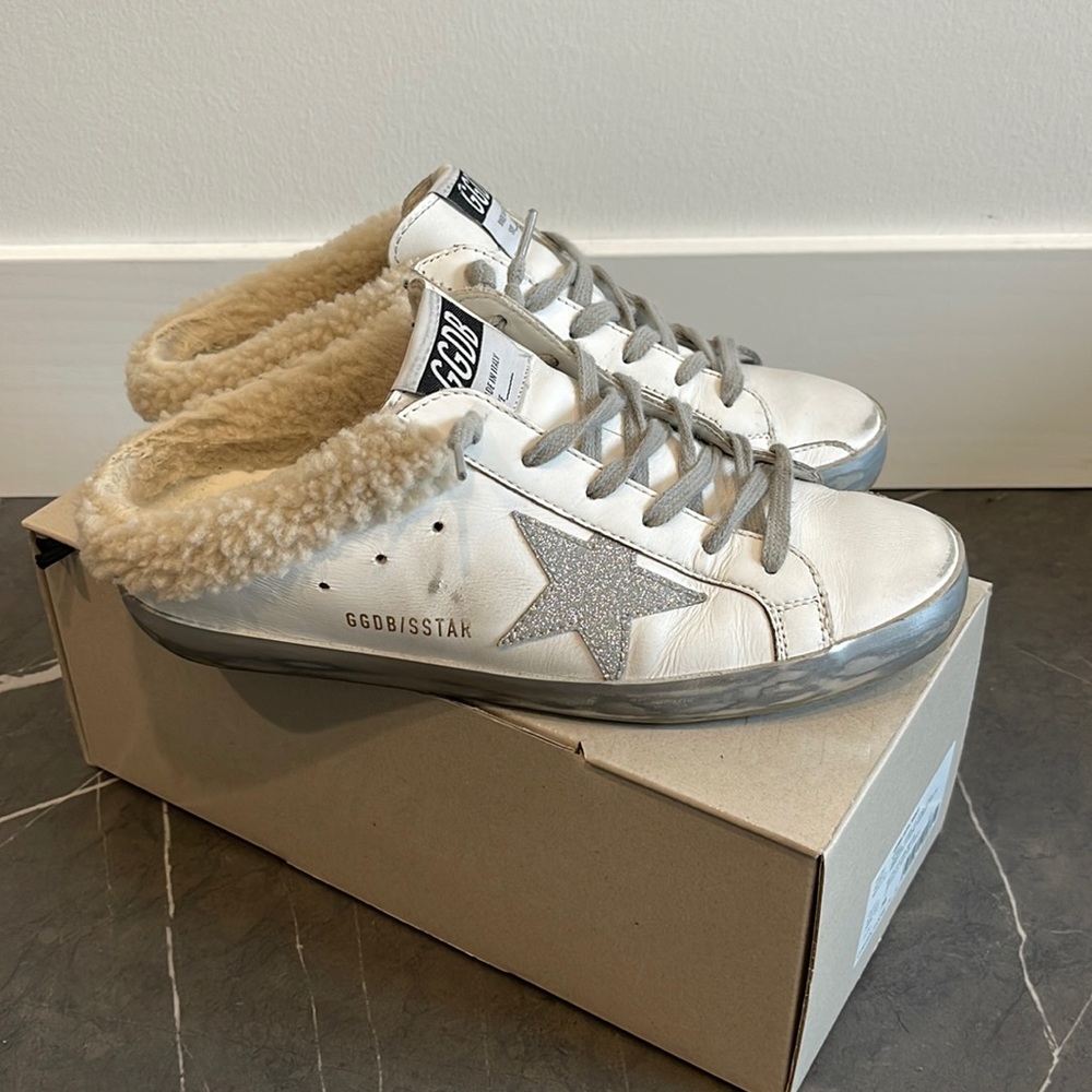 Golden Goose Super-Star Sabots in white leather with shearling lining 38 8